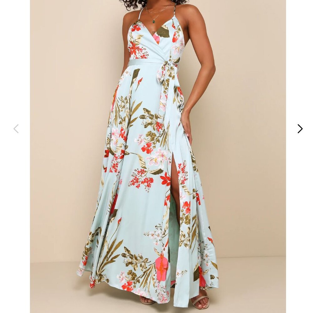 Lulus Still the One Sage Green Floral Print Satin Maxi Dress Size S